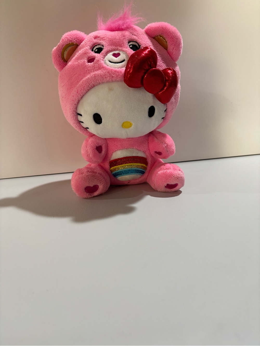 Hello Kitty Pink Care Bear Plush Toy with Rainbow Detail